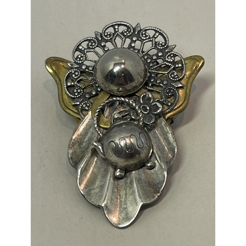 Vintage Gold & Silver Tone Filigree Angel With Teapot Brooch Pin Phil. 4:13